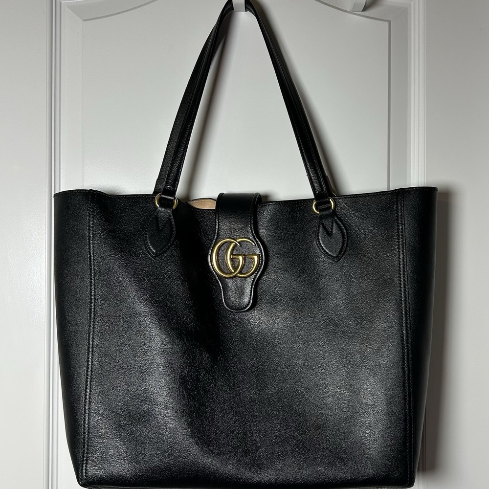Gucci Black Calfskin Leather Double G Gold Hardware GG Dahlia Tote Bag & Pouch